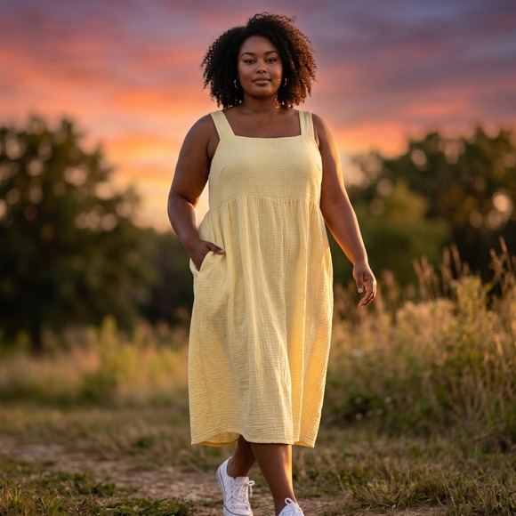 stars above Dresses & Skirts - Stars Above Gauzy Cotton Midi Dress XXL Yellow Pockets Beach Summer Soft Girl